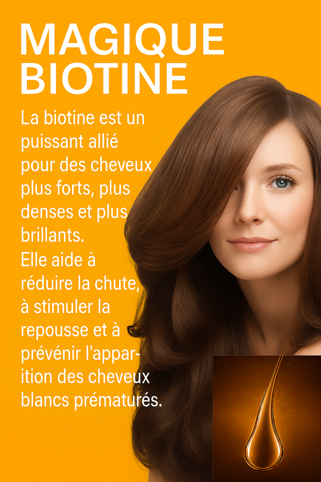 Visuel promotionnel présentant les bienfaits de la biotine : cheveux plus forts, plus denses et plus brillants. Aide à réduire la chute, stimuler la repousse et prévenir les cheveux blancs prématurés. Illustration d’une femme aux cheveux volumineux et d’une goutte dorée symbolisant la biotine
