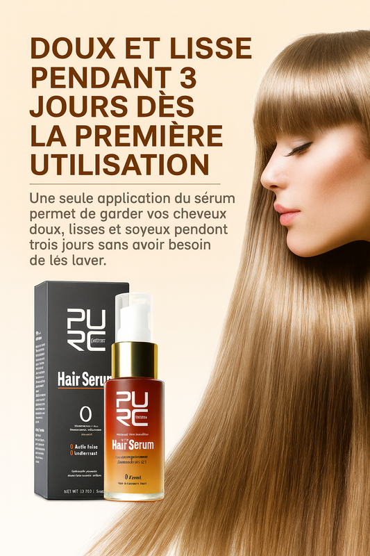 Flacon du sérum capillaire PURC anti-frisottis, nourrissant et réparateur pour cheveux secs et abîmés