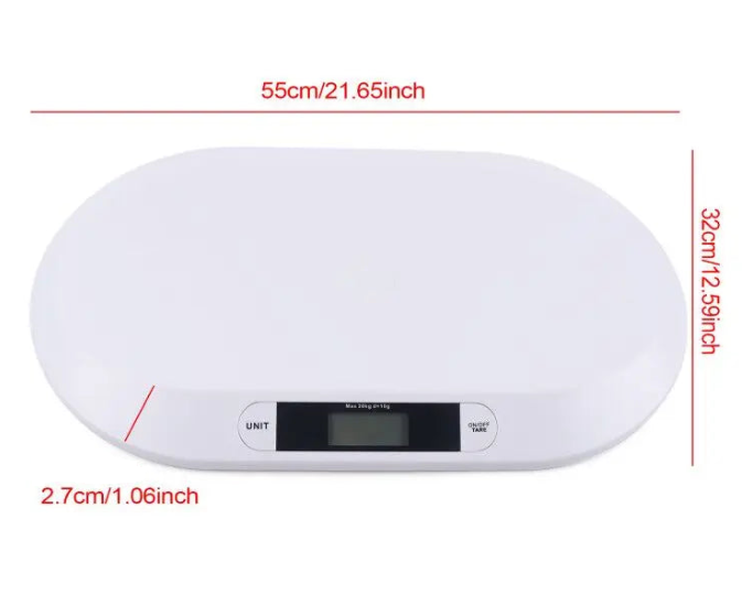 Dimensions en centimètres d’une balance électronique pour bébé avec plateau large