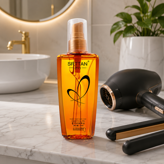 Huile capillaire réparatrice présentée dans une salle de bain moderne avec un sèche-cheveux et un lisseur, pour des cheveux lisses, brillants et protégés.