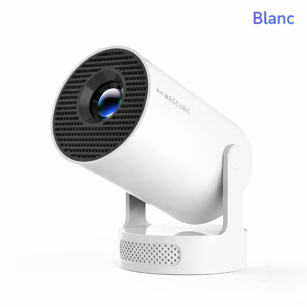 Projecteur portable Magcubic HY300 Pro+ blanc avec design compact, support orientable, idéal pour cinéma maison et divertissement