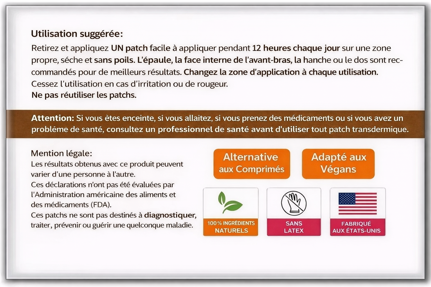 Instructions d’utilisation, précautions et informations légales pour patchs transdermiques