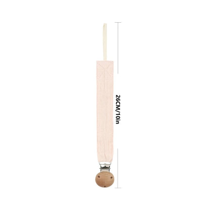 Attache-tétine en coton avec clip en bois, présentée sur fond blanc avec indication de la longueur totale de 26 cm.