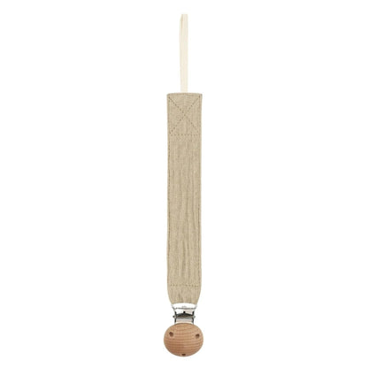Attache-tétine en coton beige avec clip en bois naturel, présentée seule sur fond blanc.