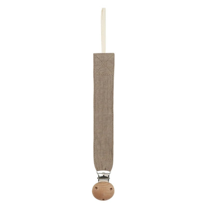 Attache-tétine en coton gris avec clip en bois naturel, présentée seule sur fond blanc.