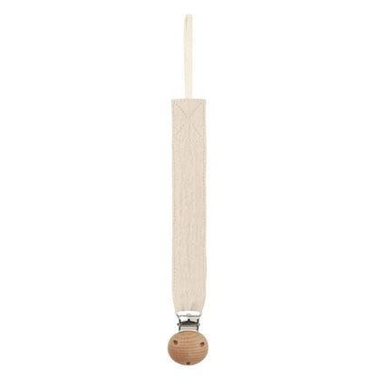 Attache-tétine en coton naturel avec clip en bois, présentée seule sur fond blanc.