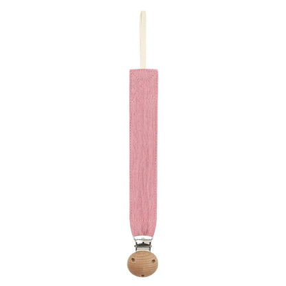 Attache-tétine en coton rose ancien avec clip en bois naturel, présentée seule sur fond blanc.