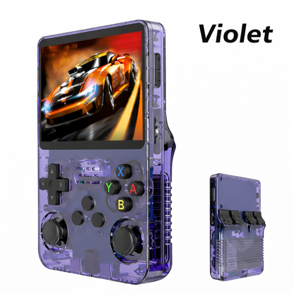 Console de jeux rétro BOYHOM R36S violette transparente avec écran couleur HD, double joystick analogique et design portable