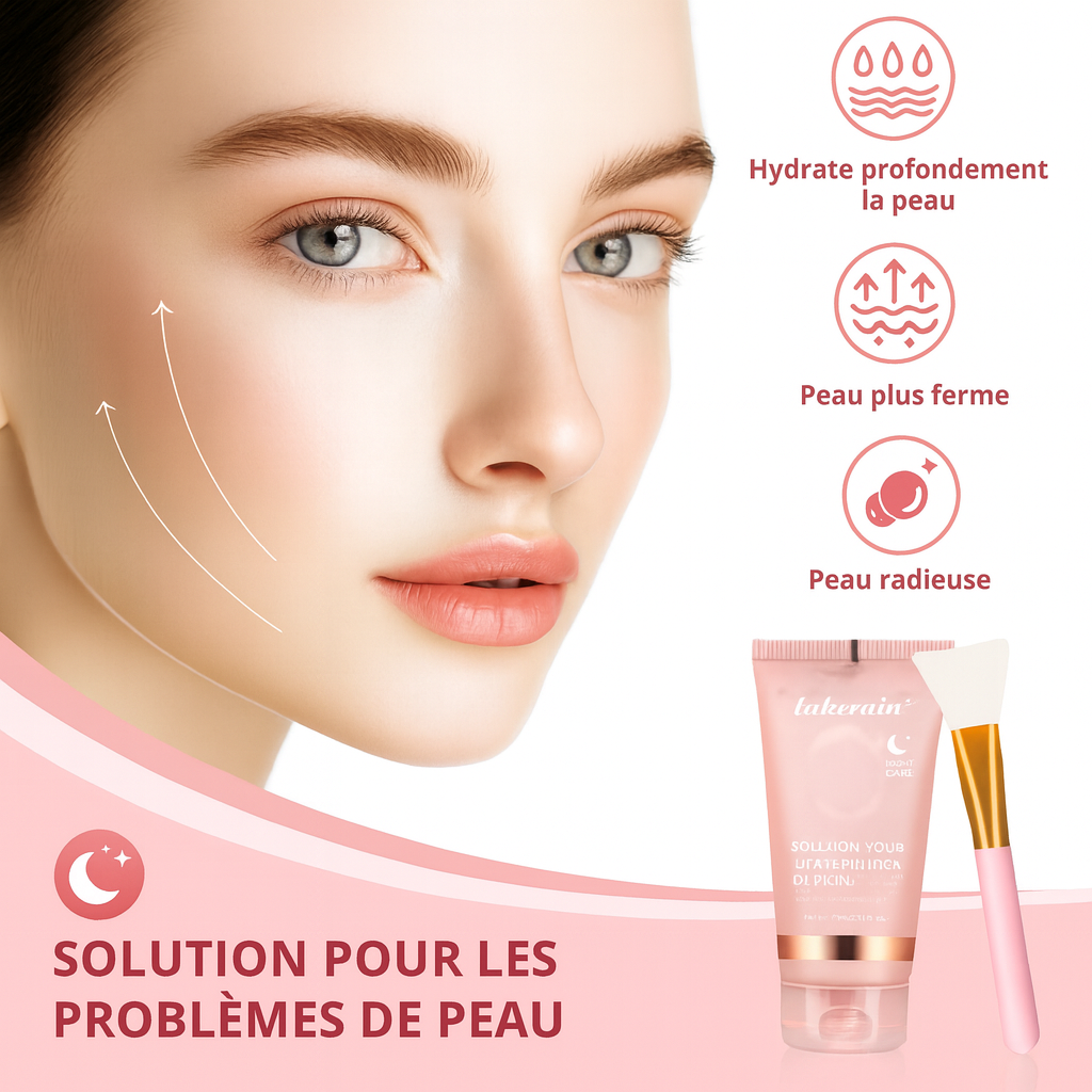 Femme avec peau lumineuse illustrant les bienfaits du masque enveloppant au collagène Lakerain : hydratation profonde, peau plus ferme et teint radieux, avec le produit et son pinceau