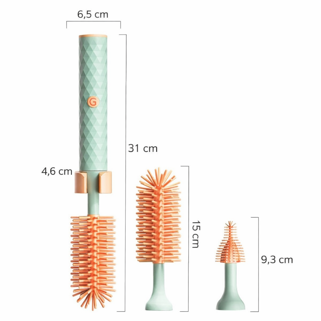 Brosse électrique pour biberons et bouteilles avec dimensions détaillées du manche et des têtes en silicone, incluant embouts interchangeables.