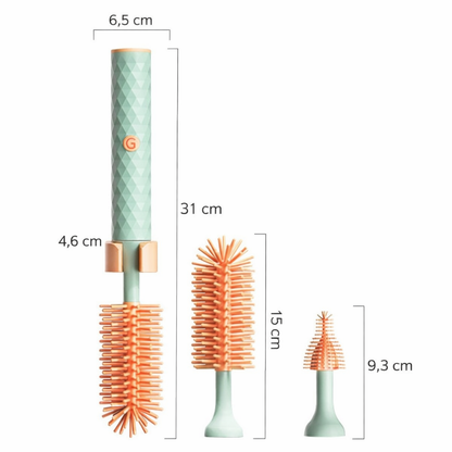 Brosse électrique pour biberons et bouteilles avec dimensions détaillées du manche et des têtes en silicone, incluant embouts interchangeables.