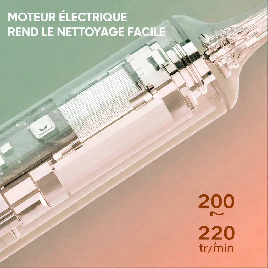 Vue interne du moteur de la brosse électrique pour biberons et bouteilles, rotation puissante de 200 à 220 tours par minute pour un nettoyage efficace.