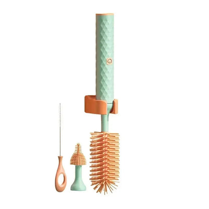 Brosse électrique pour biberons et bouteilles avec tête principale en silicone, embout interchangeable et goupillon fin pour nettoyage précis.