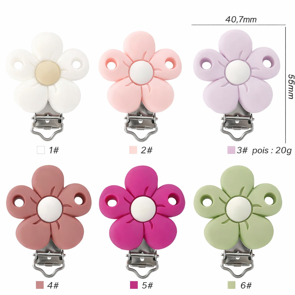 Clips attache-tétine en silicone en forme de fleur, 40,7 mm x 55 mm, poids 20 g, coloris pastel (blanc, rose, lilas, terracotta, fuchsia, vert sauge), avec mécanisme métal.