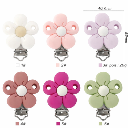 Clips attache-tétine en silicone en forme de fleur, 40,7 mm x 55 mm, poids 20 g, coloris pastel (blanc, rose, lilas, terracotta, fuchsia, vert sauge), avec mécanisme métal.