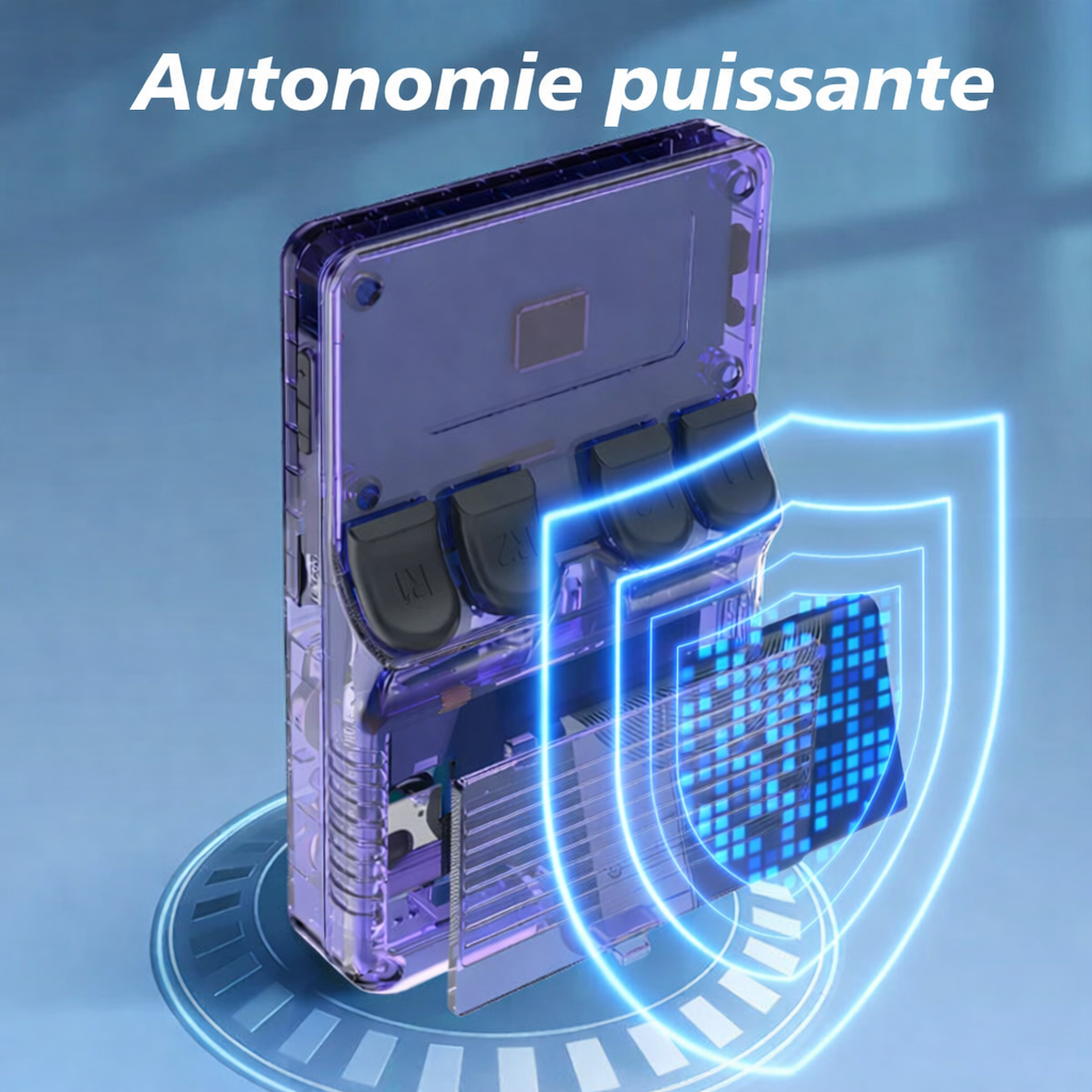 Vue arrière de la console de jeux rétro BOYHOM R36S mettant en avant une autonomie puissante et une batterie longue durée