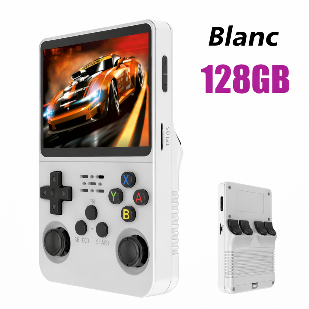 Console de jeux rétro BOYHOM R36S blanche avec écran couleur HD, double joystick analogique et design portable