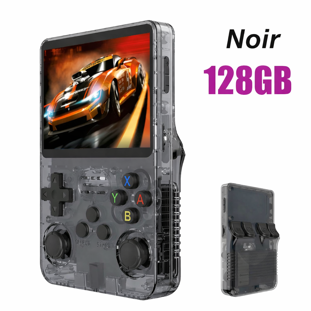 Console de jeux rétro BOYHOM R36S noire transparente avec écran couleur HD, double joystick analogique et design portable