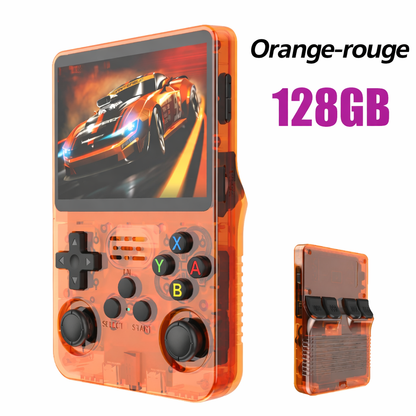 Console de jeux rétro BOYHOM R36S orange-rouge transparente avec écran couleur HD, double joystick analogique et design portable