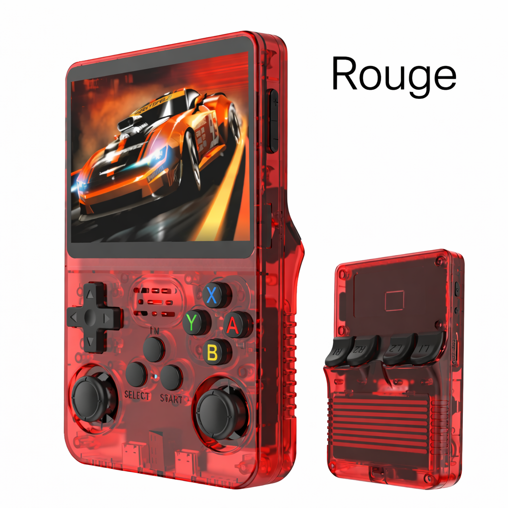 Console de jeux rétro BOYHOM R36S rouge transparente avec écran couleur HD, double joystick analogique et design portable