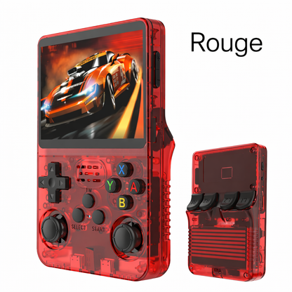 Console de jeux rétro BOYHOM R36S rouge transparente avec écran couleur HD, double joystick analogique et design portable