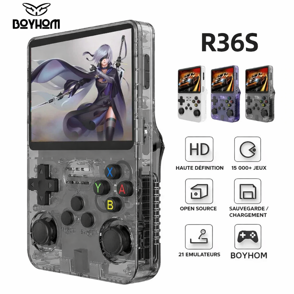 Console de jeux rétro BOYHOM R36S portable avec écran HD, système Linux open source, double joystick et prise en charge de plus de 15 000 jeux