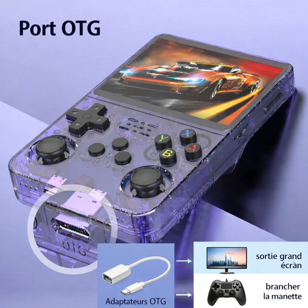Console de jeux rétro BOYHOM R36S avec port OTG permettant la connexion à un écran externe et à une manette de jeu