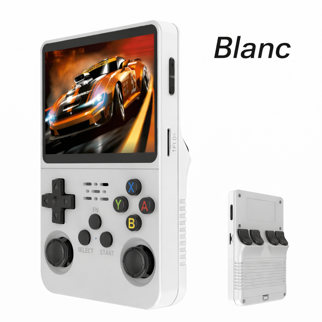 Console de jeux rétro BOYHOM R36S blanche avec écran couleur HD, double joystick analogique et design portable