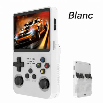 Console de jeux rétro BOYHOM R36S blanche avec écran couleur HD, double joystick analogique et design portable