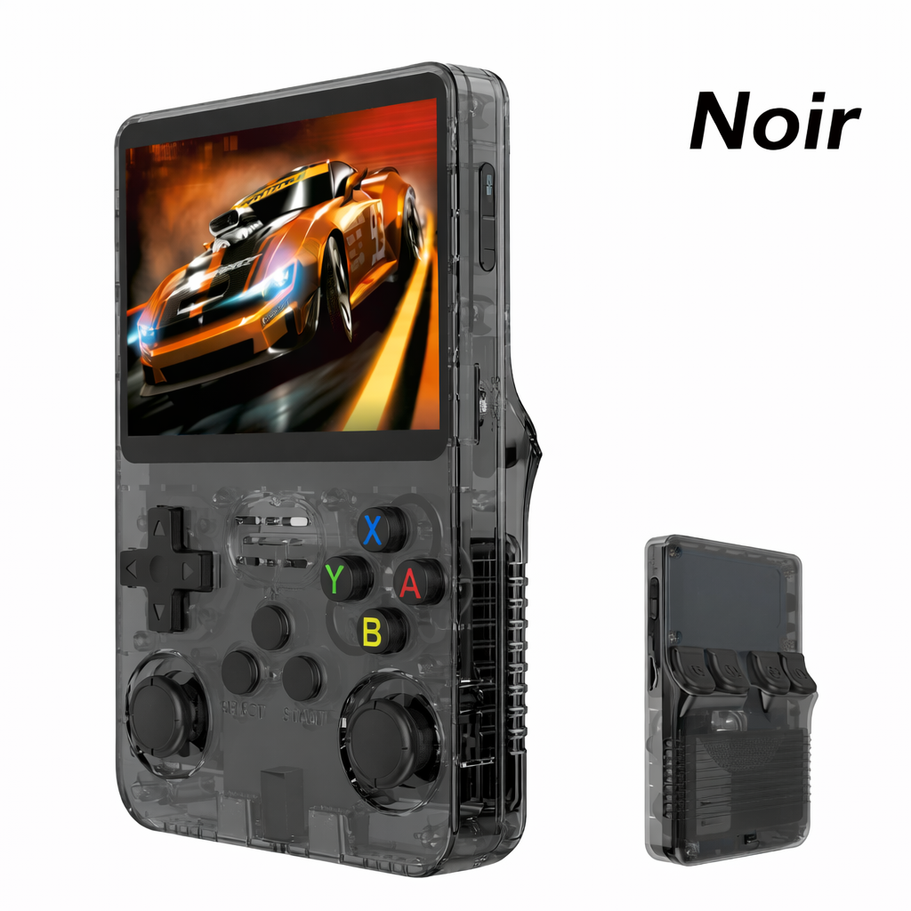 Console de jeux rétro BOYHOM R36S noire transparente avec écran couleur HD, double joystick analogique et design portable