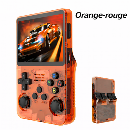 Console de jeux rétro BOYHOM R36S orange-rouge transparente avec écran couleur HD, double joystick analogique et design portable