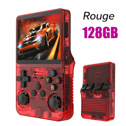 Console de jeux rétro BOYHOM R36S rouge transparente avec écran couleur HD, double joystick analogique et design portable