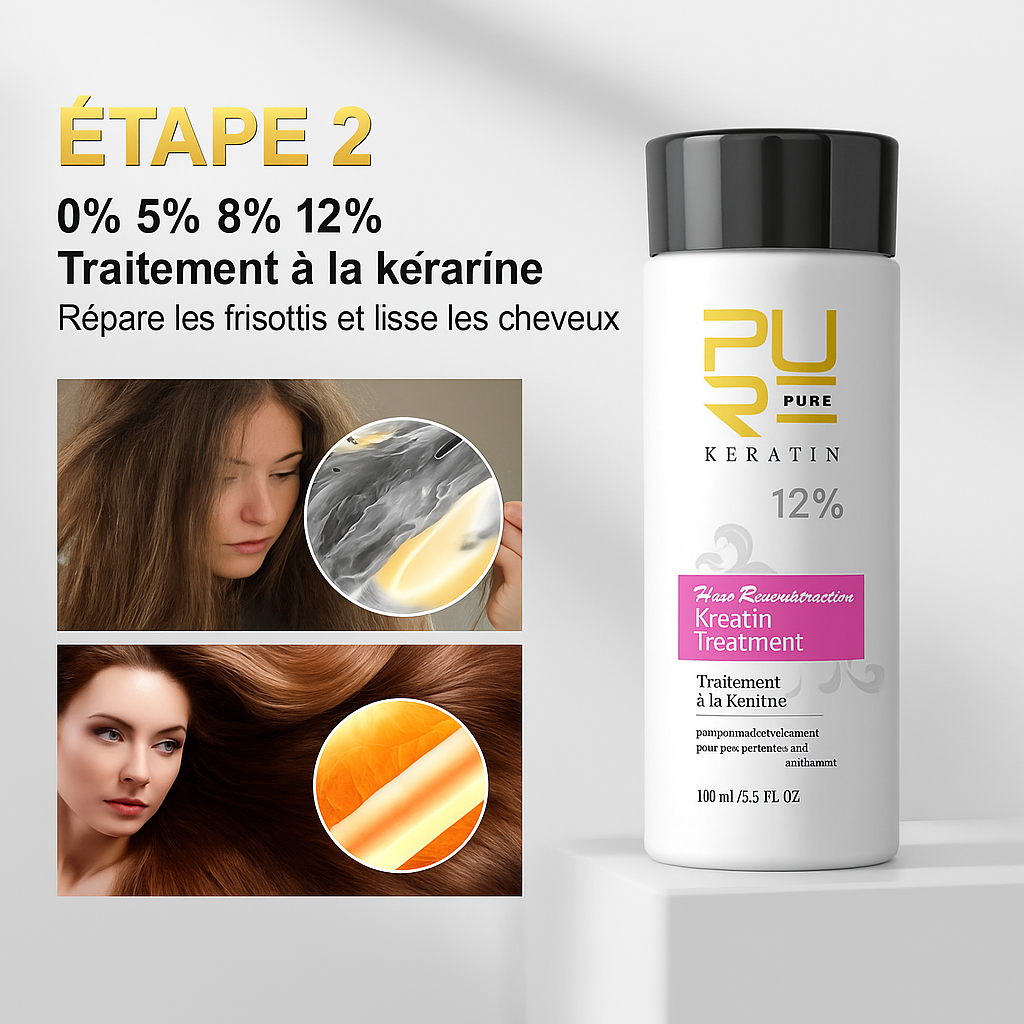 Étape 2 du protocole PURE : traitement à la kératine 12 % réparant les frisottis et lissant les cheveux, avec visuel avant/après et flacon de soin capillaire