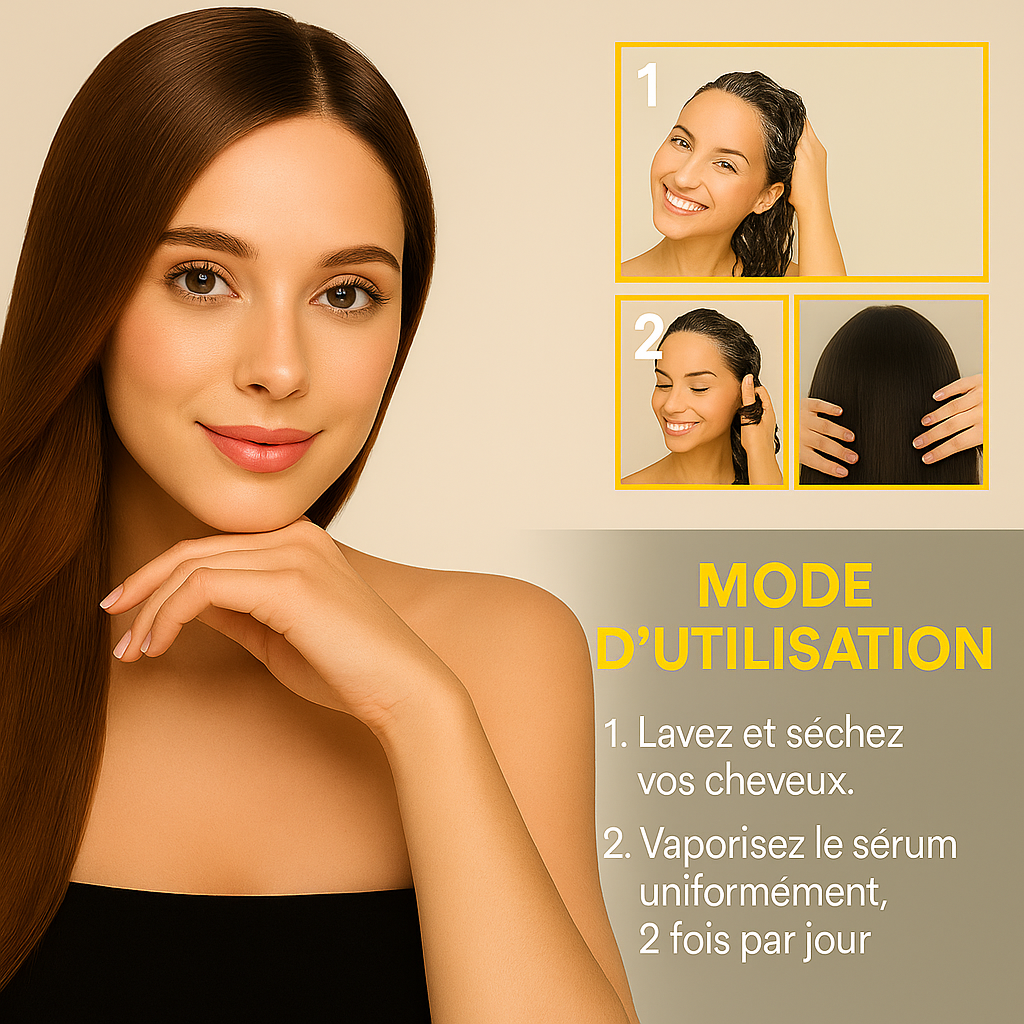 Visuel explicatif montrant les étapes d’utilisation du sérum à la biotine : lavage et séchage des cheveux, puis application du sérum 2 fois par jour. Image d’une femme aux cheveux lisses illustrant le résultat