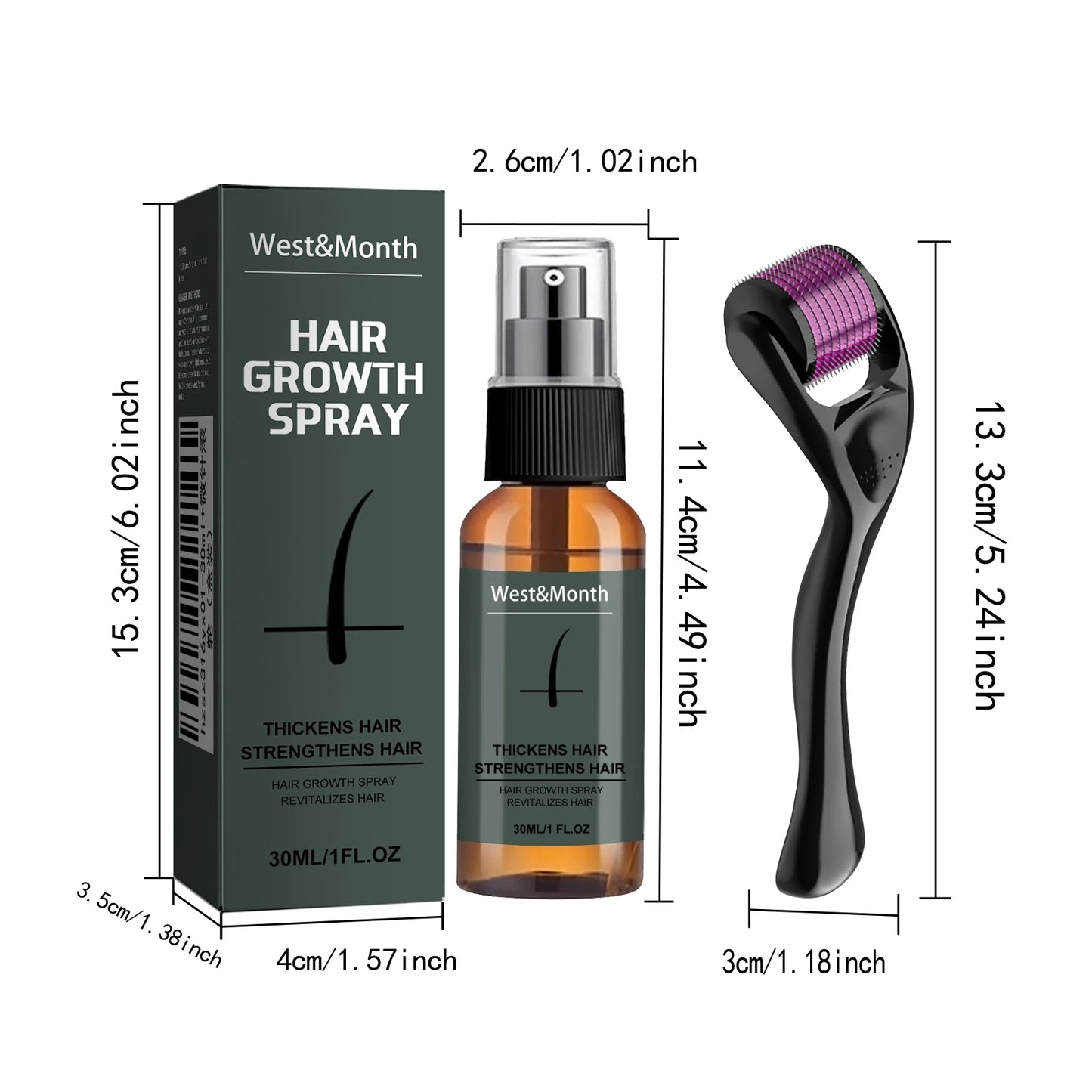 Schéma présentant les dimensions du kit de croissance barbe West&Month, incluant une boîte de spray 30 ml, le flacon et le derma roller microneedling avec leurs mesures en centimètres et pouces