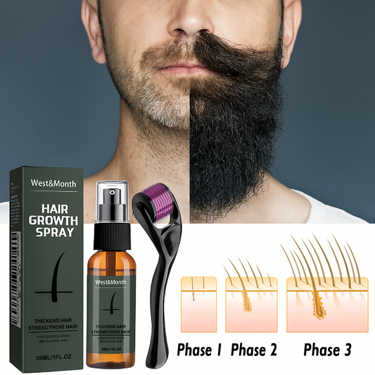 Démonstration avant-après de la croissance de la barbe avec le kit West&Month, incluant spray activateur et rouleau dermique, montrant les différentes phases de pousse du follicule