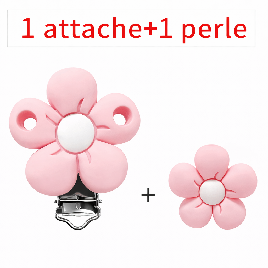 Kit composé d’un clip attache-tétine et d’une perle en silicone en forme de fleur rose pastel avec centre blanc, pour création personnalisée.