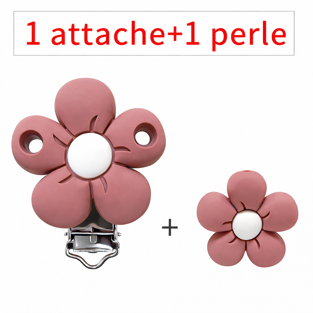 Kit composé d’un clip attache-tétine et d’une perle en silicone en forme de fleur terracotta avec centre blanc, pour création personnalisée.