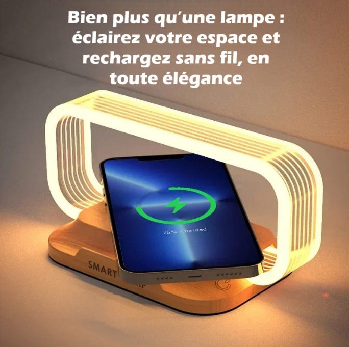 Lampe de chevet LED moderne avec recharge sans fil 15W, smartphone posé en charge sur une base en bois avec éclairage doux et design élégant