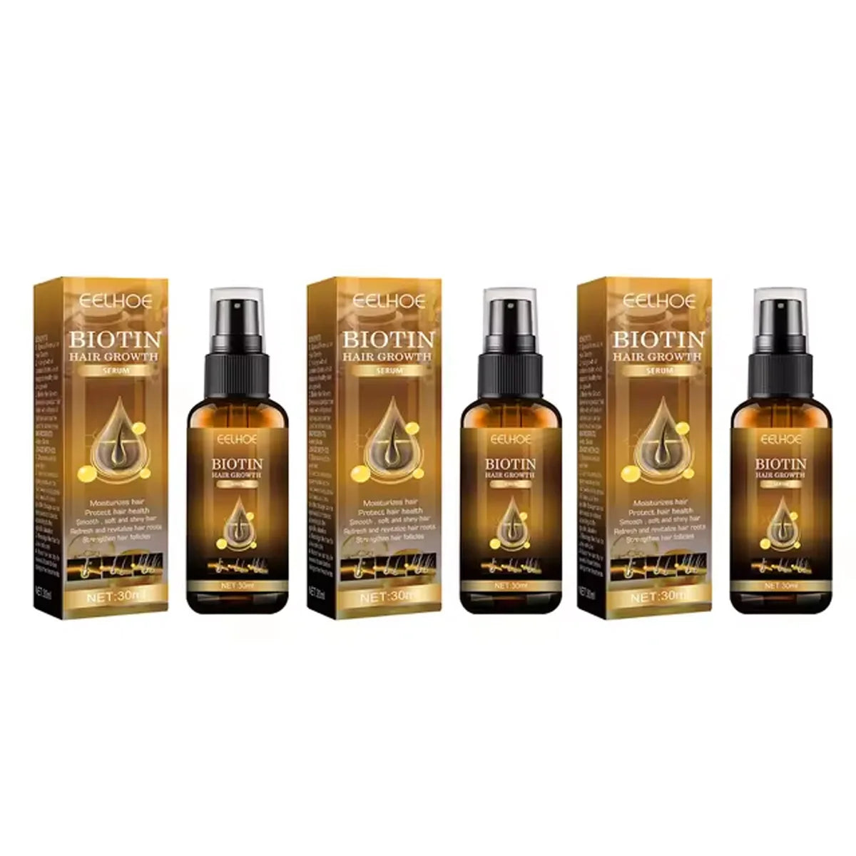 Lot de 3 sérums à la biotine EELHOE pour stimuler la croissance des cheveux, réduire la chute et renforcer les racines. Formule nourrissante 30 ml pour des cheveux plus forts, brillants et volumineux