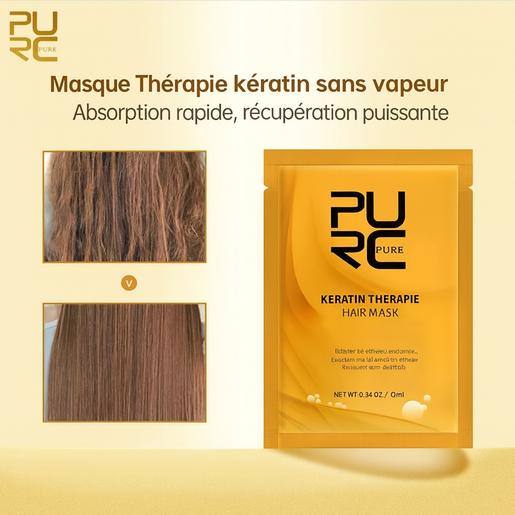 Sachet de masque capillaire à la kératine PURE, soin réparateur sans vapeur pour cheveux abîmés, avec résultat avant et après lissage et brillance
