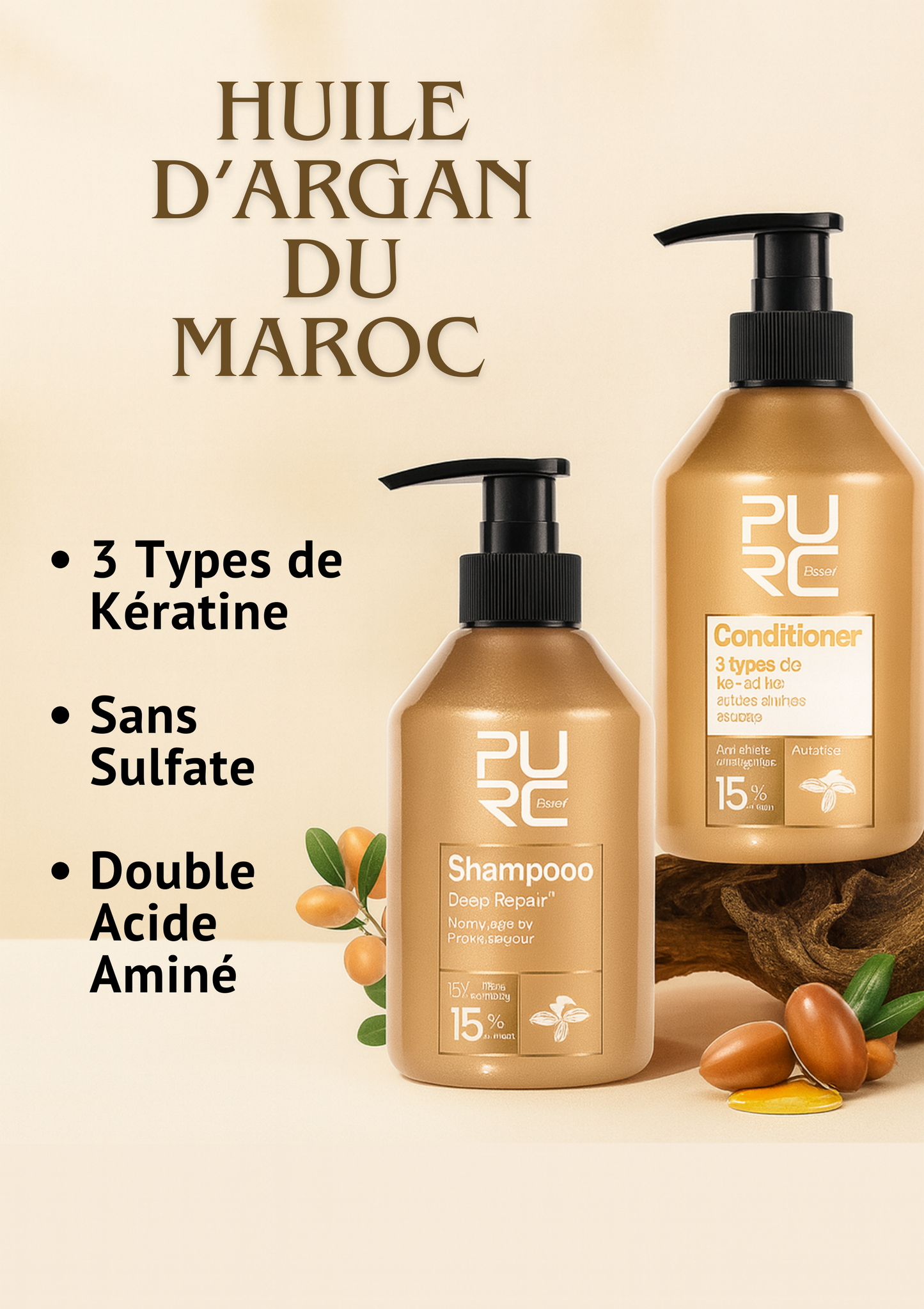 Flacons de shampoing et après-shampoing PURC Repair enrichis en kératine et acides aminés, soin lissant et hydratant pour cheveux fragiles