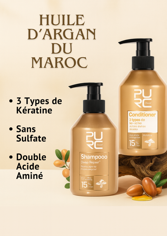 Flacons de shampoing et après-shampoing PURC Repair enrichis en kératine et acides aminés, soin lissant et hydratant pour cheveux fragiles