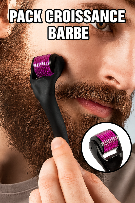 Homme appliquant un derma roller sur sa barbe pour stimuler la pousse, présenté dans le Pack Croissance Barbe avec un gros plan de l’outil