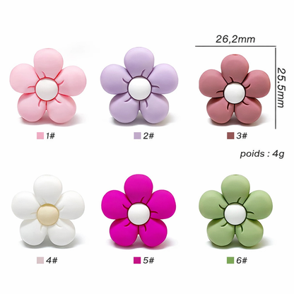 Perles en silicone en forme de fleur, 26,2 mm x 25,5 mm, poids 4 g, coloris pastel (rose, lilas, terracotta, blanc, fuchsia, vert sauge) pour création d’attache-tétine personnalisée.