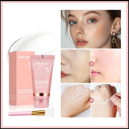 Présentation du masque enveloppant au collagène Lakerain avec pinceau, photos avant/après sur la peau et aperçu de la texture du masque peel-off