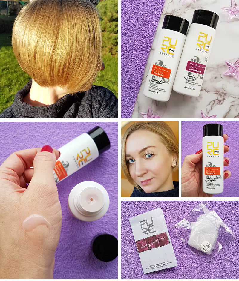 Résultats du traitement à la kératine PURE avec cheveux lisses et brillants, présentation des flacons, texture du produit, application et accessoires inclus