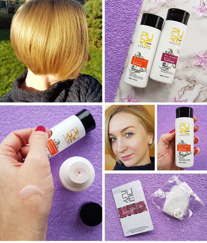 Résultats du traitement à la kératine PURE avec cheveux lisses et brillants, présentation des flacons, texture du produit, application et accessoires inclus