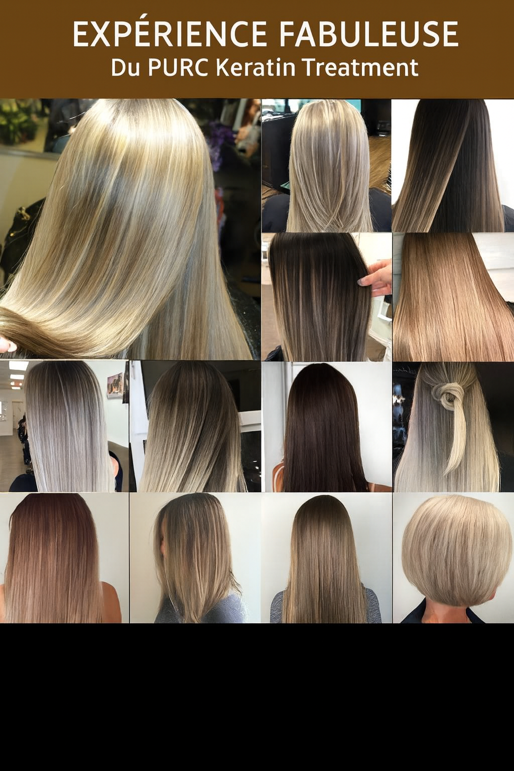 Résultats du traitement à la kératine PURE sur différents types de cheveux, montrant des cheveux lisses, brillants et disciplinés après application professionnelle