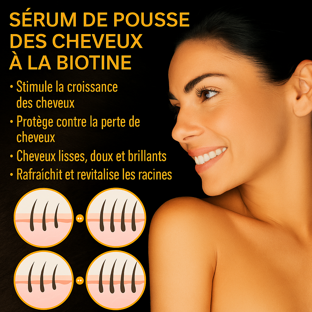 Visuel du sérum à la biotine montrant les effets sur la croissance des cheveux : stimulation des racines, prévention de la chute, cheveux plus lisses, doux et brillants. Illustration des résultats avant/après